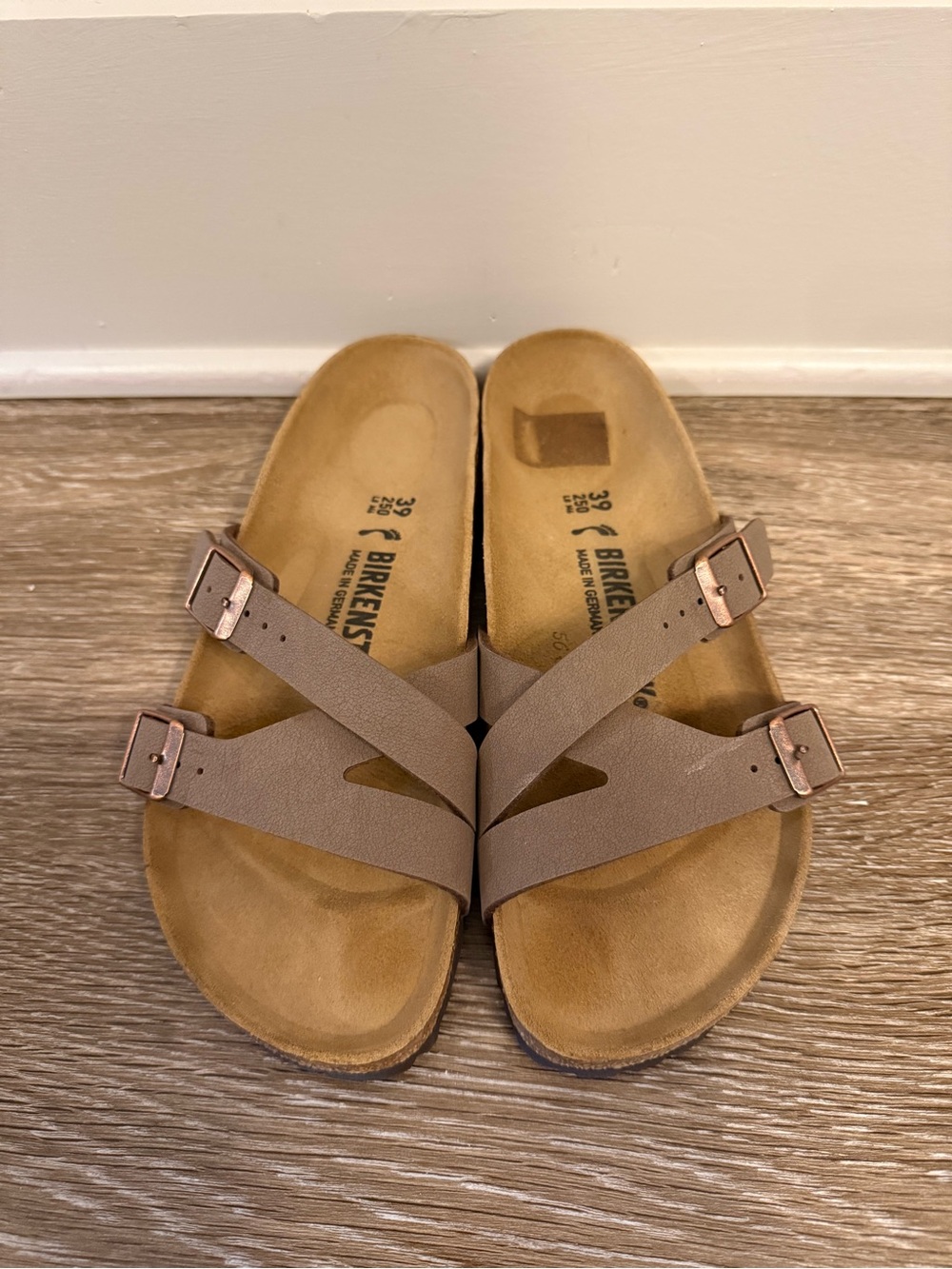 Birkenstock Women's Taupe Brown Two-Strap Slide Sandals